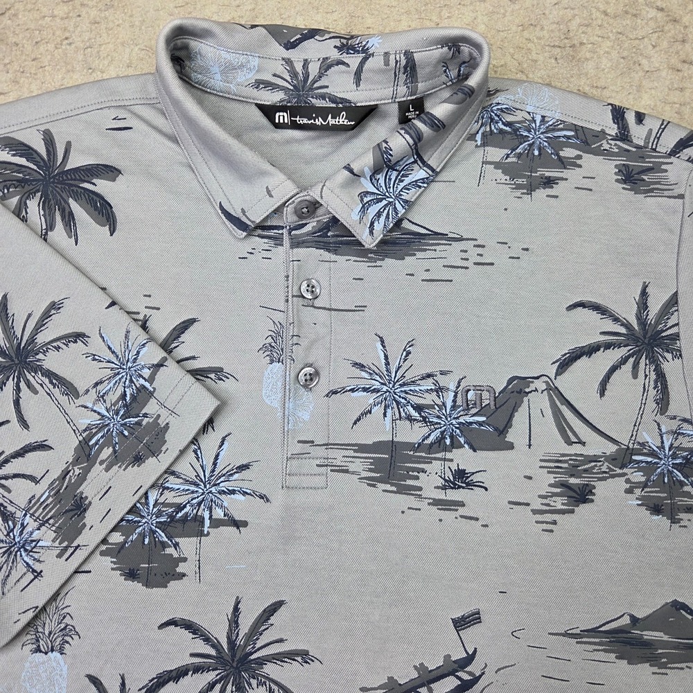Travis Mathew Golf Polo Shirt Mens L Gray Traopical Palm Trees Short Sleeve